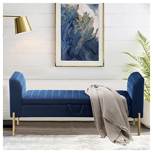 Alunaune Modern Blue Velvet Storage Bench for Bedroom End of Bed Bench Ottoman, Upholstered Armed Entryway Bench Long Settee for Living Room