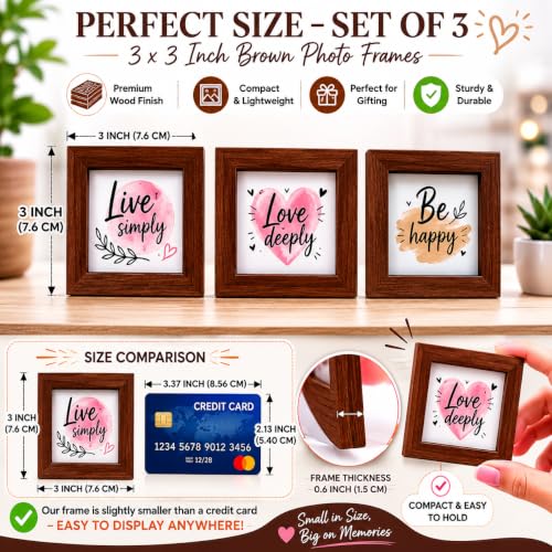 Image of Square Photo Frames, size 3 * 3 inches(7.6 x 7.6 cm,) Set of 3, Brown, Dual-Purpose Wall Mount and Table Display