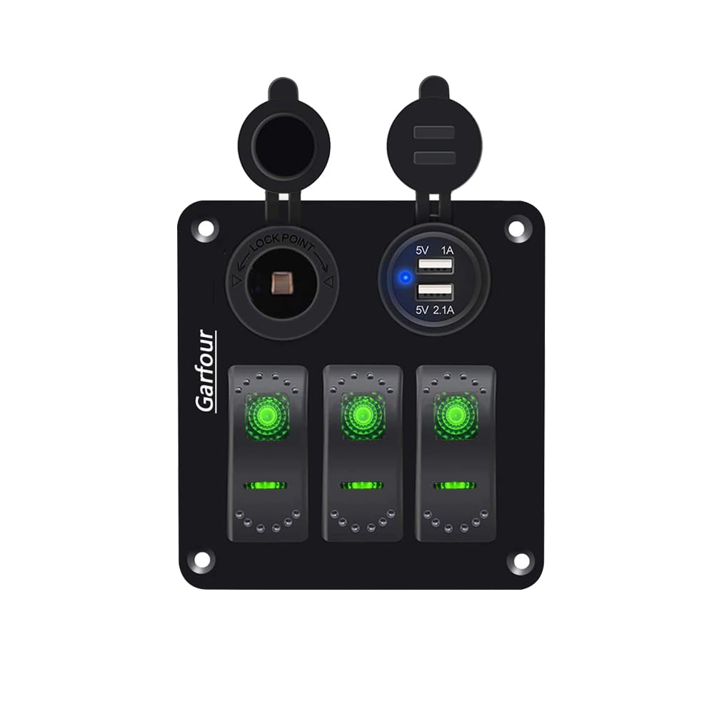 Green 3 Gang Waterproof Boat Switch Panel with 3.1A USB and 12V Cigarette Lighter Socket Marine Switch Panel for Boats, Trucks, RVs