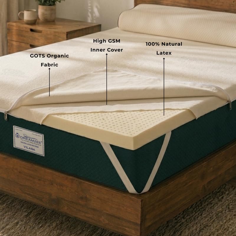 Image of Dreamzee 100% Certified Natural Latex Mattress Topper with GOTS Fabric| Soft Comfort | 5 Year's Warranty | Mattress Padding Topper King Size (72x72x2 Inches)