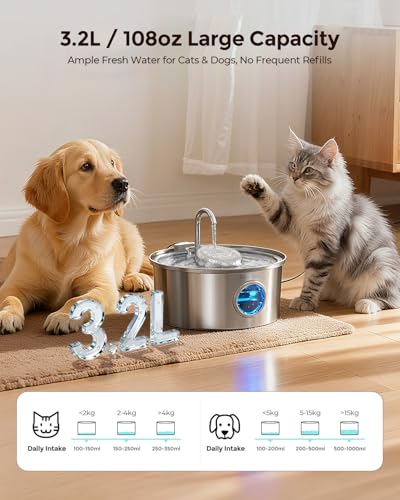 Invengo Katzenbrunnen Edelstahl, 3.2L Ultra-Leiser Trinkbrunnen für Katze mit Wasserstandsanzeige und 5-Fach Filtersystem - Haustierbrunnen für Katzen und Kleine Hunde, Inklusive 4 Ersatzfiltern
