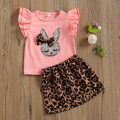 Toddler Baby Girl Outfits Easter Sequins Bunny Ruffle Sleeveless Tops T-Shirt Leopard Skirt Sets Summer Clothes (Pink, 1-2 Years) #TOP1