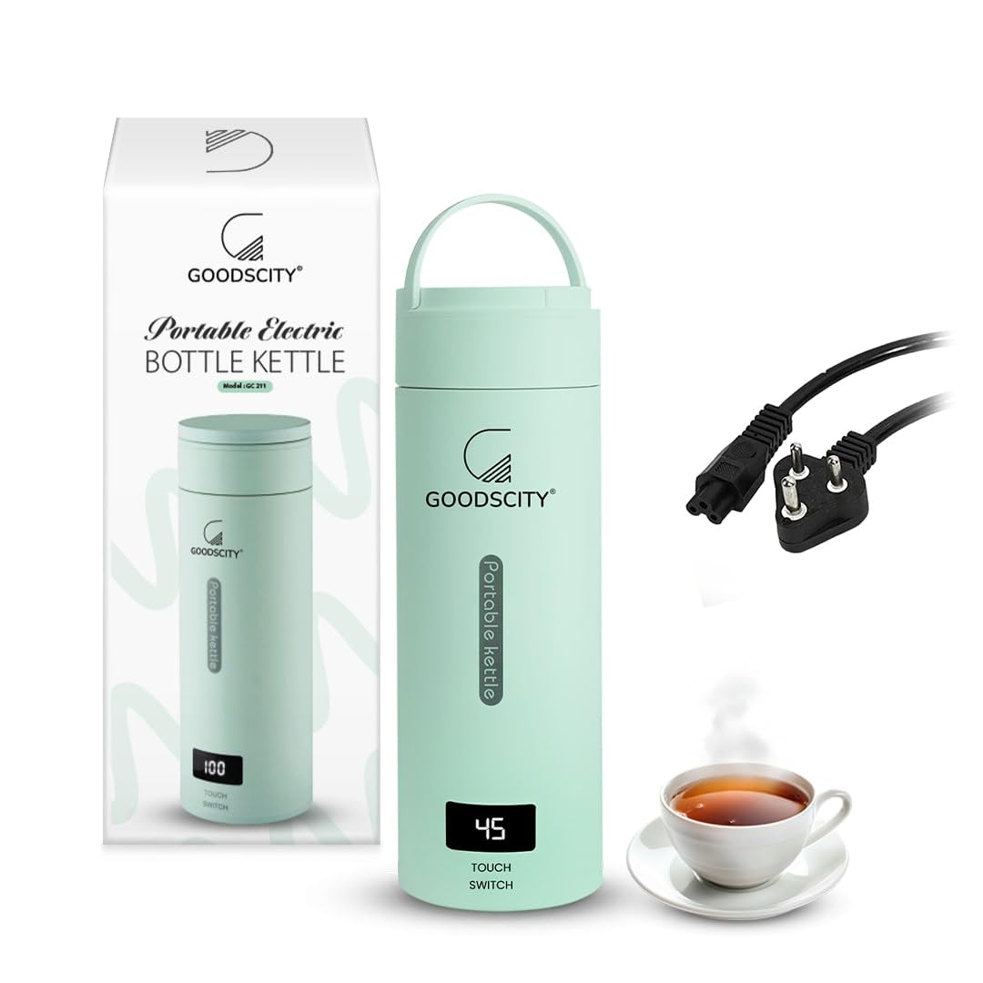 Goodscity Portable Electric Kettle Travel Water Bottle For Boiling Hot Water Milk With Cool Touch Exterior, Auto Shut Off, 300W fast Heating, Leakproof, 1 Touch Screen, 500 Ml, Green, 1 year Warranty
