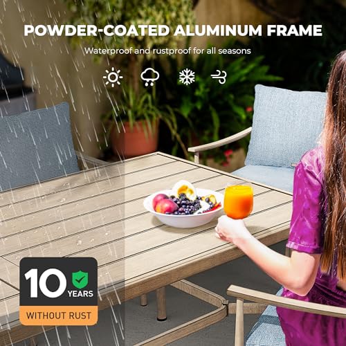 HAPPATIO 9-Piece Patio Table and Chairs Set for 8, Aluminum Outdoor Dining Set with Cushions, 6 Dining Chairs and 2 Swivel Dining Chairs, 1 Large Rectangular Table with Umbrella Hole, Brown - Thumbnail 5