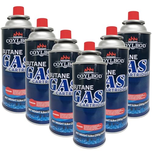 CoYlBod Butane Gas, Butane Fuel Canister, 99.99% Pure Butane Canister with Explosion Proof - RVR System, Butane Fuel for Camping Stove, Kitchen Torch Head (6 Can)