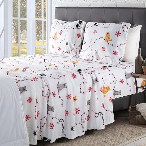 Elegant Comfort Luxuriously Soft 4-Piece Holiday Velvet Plush Flannel Sheet Set - Premium Quality - Cozy Warm, Christmas Fuzzy Velvet Flannel Fleece Deep Pocket Sheet Set - Cal King, Jingle Cats