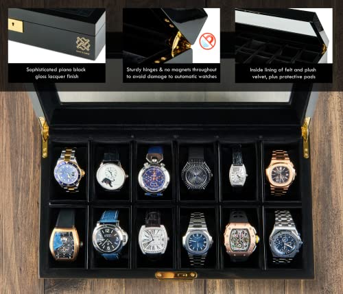 Hawk & Gable Luxury 12 Slot Watch Box Organizer, Glass Display And Metal Lock, Wide Compartments Fit Large Watches, Plush Velvet Lining, Men’s Jewelry Case, Black Piano Finish (Pearson) #TOP4