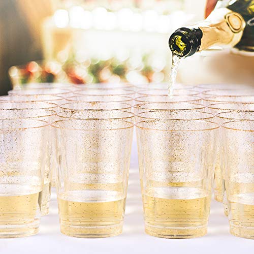 Jolly Chef 50Pcs 10 Oz Gold Plastic Cups, Disposable Gold Glitter Plastic Cups, Clear Plastic Cups Tumblers, Wedding,Thanksgiving, Christmas Party Cups #TOP4