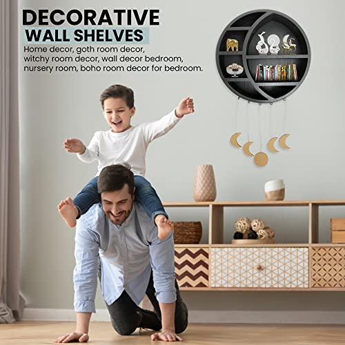 Crescent Moon Shelf For Crystals Includes 5 Moon Shaped Pendants, Wooden Moon Wall Shelf For Stones & Essential Oils, Wall Mounted And Easy To Hang Wall Hanging Floating Shelves #TOP5