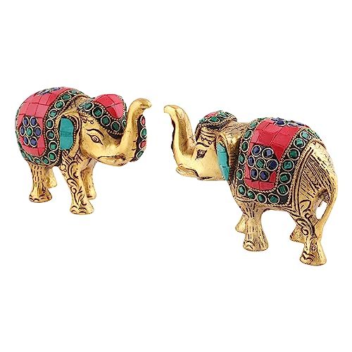 Image of Kalakriti Multicoloured Stone Studded Metal Trunk-up Elephant Showpiece for Good Luck (Vaastu) | Pack of 2 | Decorative Elephant Statue Idol for Home Decor for Prosperity and Luck