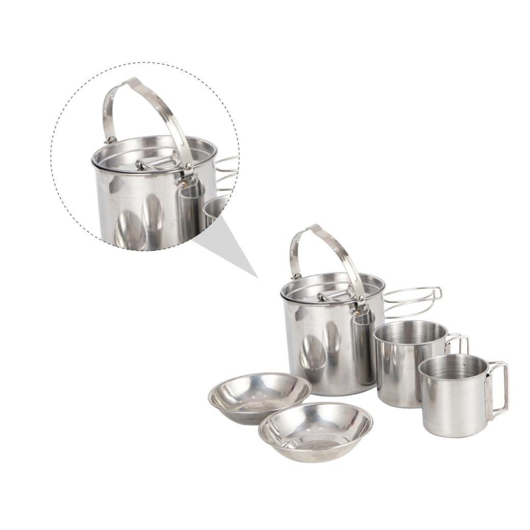 VANZACK Ensemble de Bouilloire Portable et Vaisselle Camping en Acier Inoxydable 5 Pièces, Léger et Résistant, Bol Pliable et Tasse, Ustensiles Cuisine Extérieur pour Randonnée et Pique-niques