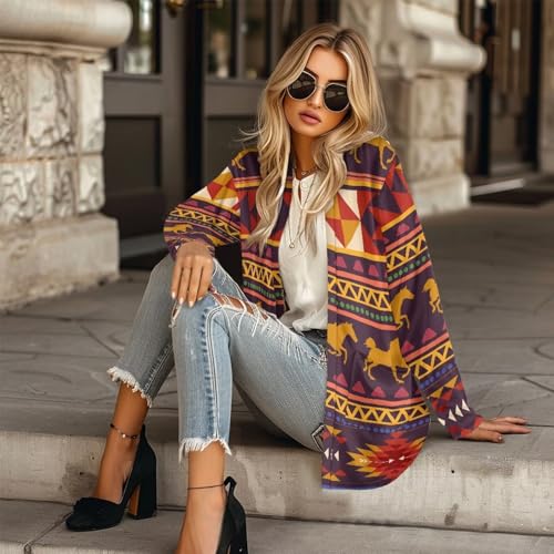 Image of Women's Aztec Open-Front Jacket Lightweight Casual Outerwear Native Western Aztec Pattern & Plaid Houndstooth Print