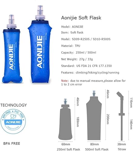 Miniatura 3 de AONIJIE Paquete de 2 botellas de agua blandas plegables de TPU para paquete de hidratación, sin BPA, para correr, senderismo, ciclismo, escalada (2