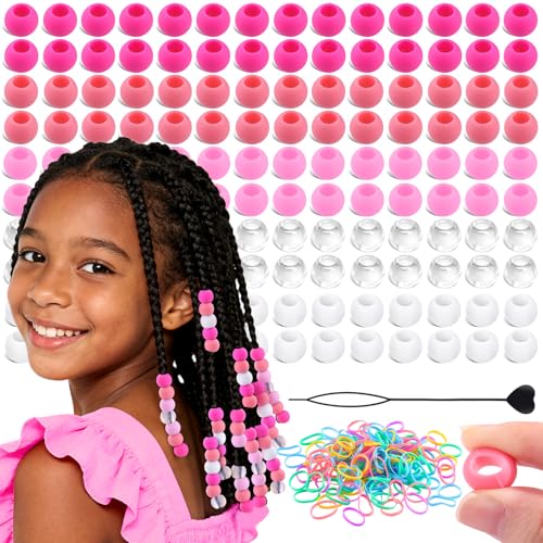 160Pcs 14mm Large Silicone Hair Beads for Braids Soft Jellyish Hair Beads with 7mm Hole + 50 Rubber Bands and 1 Beader for Braiding DIY Bracelets Necklaces Crafts (Pink)