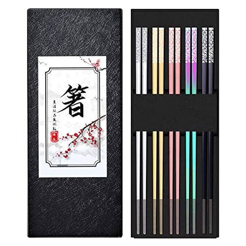 Baguettes Inoxydable 5 Paires, Couleur Chinoise Japonaises coréen métal Enfant Apprendre Sushi Cadeau Luxe Peut être réutilisé Baguettes en Le Restaurant Bois Alliage Naturel Titane Hôtel(Colorées)