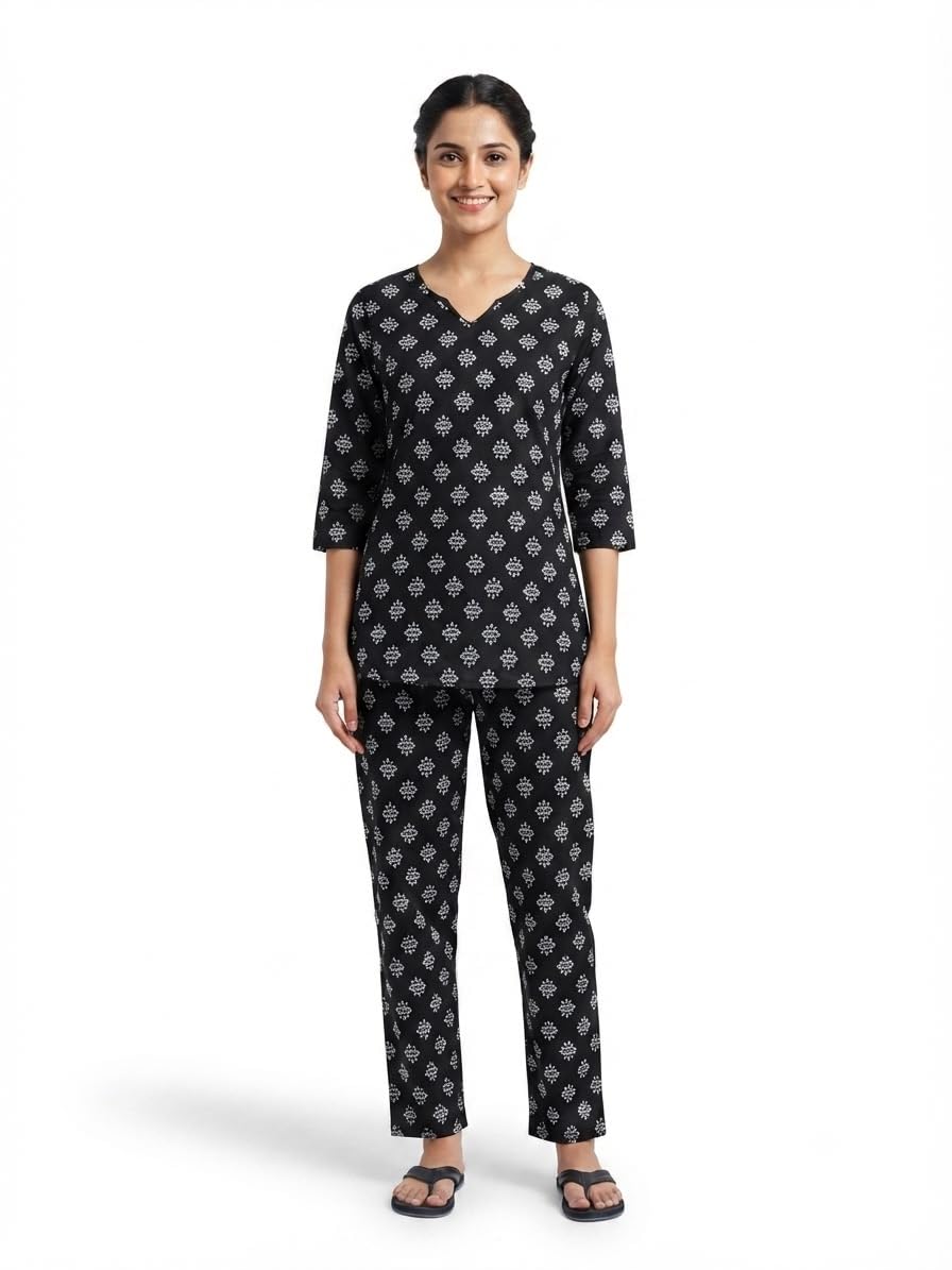 Veloura Women's Night Suit Short Kurti with Trouser Black Colour M Size Top And Bottom Printer-image-4