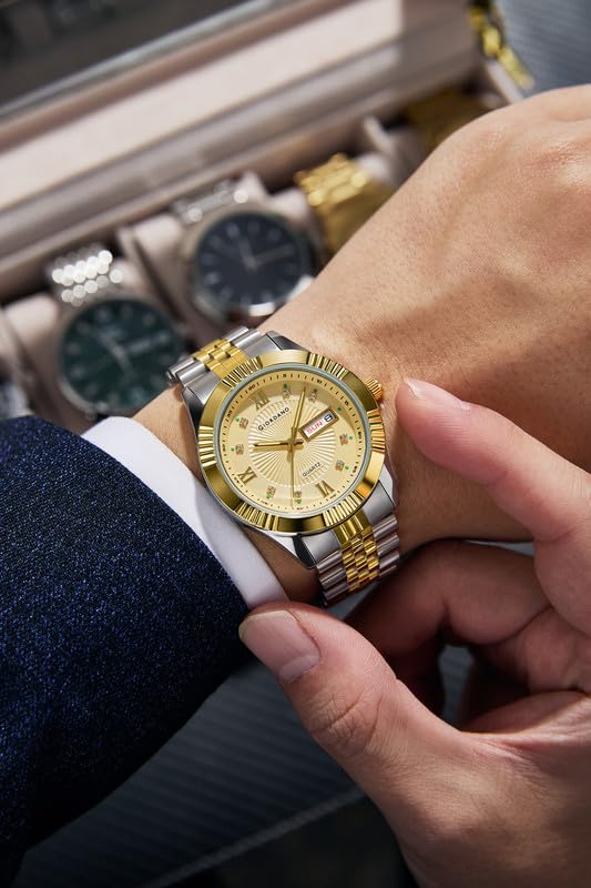 Image of Giordano Classic Analog Quartz Watch for Men with Textured Dial, Fluted Bezel, Day & Date Display & Two-Tone Stainless Steel Strap