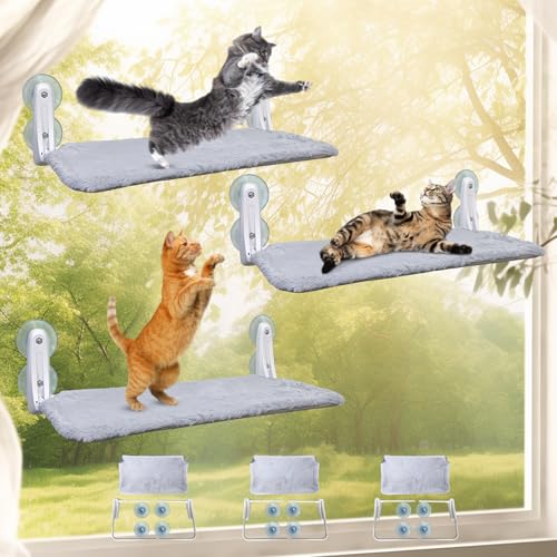 Image of L&W BROS. 3Pc Heavy Duty Cat Window Perch, 50lb Load Foldable Hammock with Strong Suction Cups, Window Bed for Large & Multiple Cats (L 3Pc)