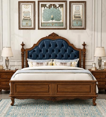 Image of Wooden Bed, American Classic Style, Blue Tufted Leather Headboard with Carved Wood Frame