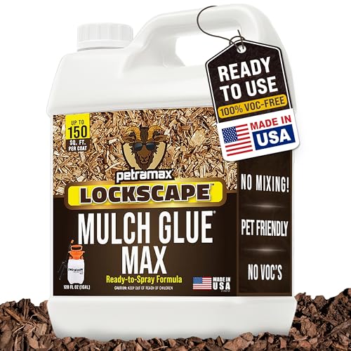 PetraMax Lockscape Mulch Glue for Landscaping 1 Gallon (Made in USA) - Pet-Safe Landscape Adhesive for Pine Straw Wood Chips - Ready to Spray Mulch Anchor & Landscape Glue Spray for Lawns & Patios