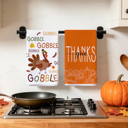 Image of Hexagram Thanksgiving Kitchen Towels Set of 2, Turkey Thanksgiving Decorations for Home, Gobble Hand Towel for Bathroom, Give Thanks Dish Towel