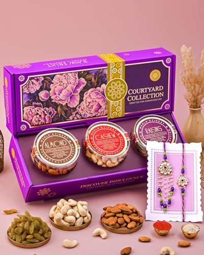 Image of Hyperfoods Bhaiya Bhabhi Rakhi Set Dry Fruits Gift Box 590gm RawFruit Courtyard Collection Pack of 3 Cashews, Almonds & Raisins (125 grams Each) Rakhi For Brother And Bhabhi DryFruits Gift Pack Dry Fruits Gift Hamper