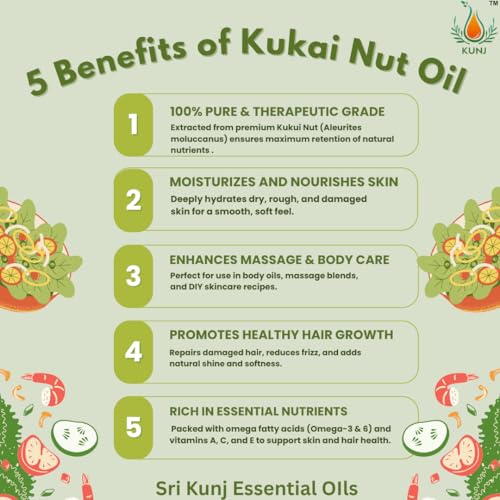 Image of KUNJ Kukui Nut Oil (Aleurites moluccanus) 10ML - 100% Pure & Natural, Cold Pressed, Undiluted - Therapeutic Grade Carrier Oil for Skin Care, Hair Nourishment & Hydration