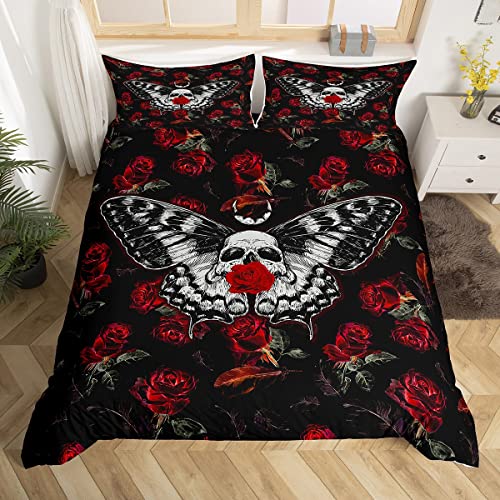Erosebridal Gothic Bedding Set Red Rose Comforter Set, Goth Skull Art Style Soft Microfiber Bedding 3 Pieces Halloween Themes Quilt Cover with Zipper Closure for Teens Adults, King Size