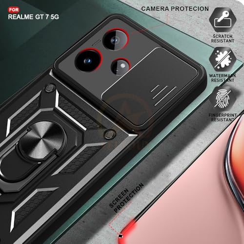 Image of Armor Bumper Back Cover Case for Realme GT 7 5G / Realme GT 7T 5G / GT 7 Dream Edition Rotating Camera Cover, Ring Holder & Kickstand | Heavy Duty & 360 Degree Protection Back Cover (Black)