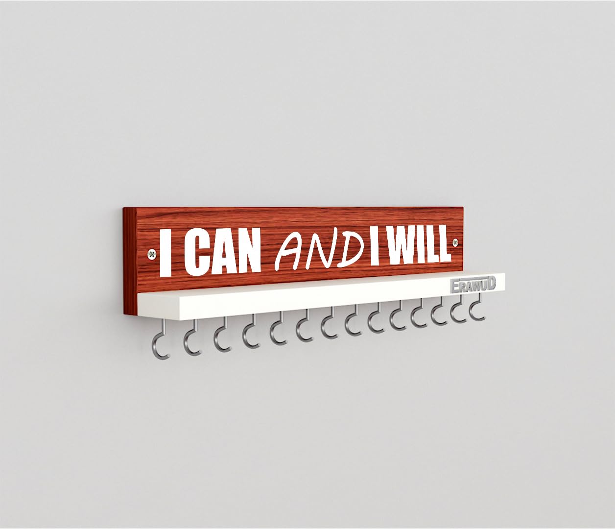ERAWUD - Wooden Medal Holder Hanger Award, Medal Display Rack & Trophy Shelf Wall Mounted | I Can and I Will | Engineered Wood - Classic Wallnut & White with 14 - Hooks-image-4