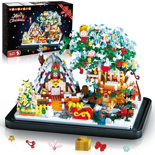HOGOKIDS Christmas Gingerbread House Building Sets with LED Lights - 2024 Christmas Village Micro Buliding Blocks, Christmas Ginger House Home Decor Display, Xmas Gift for Boy Girl Adult (2055pcs)