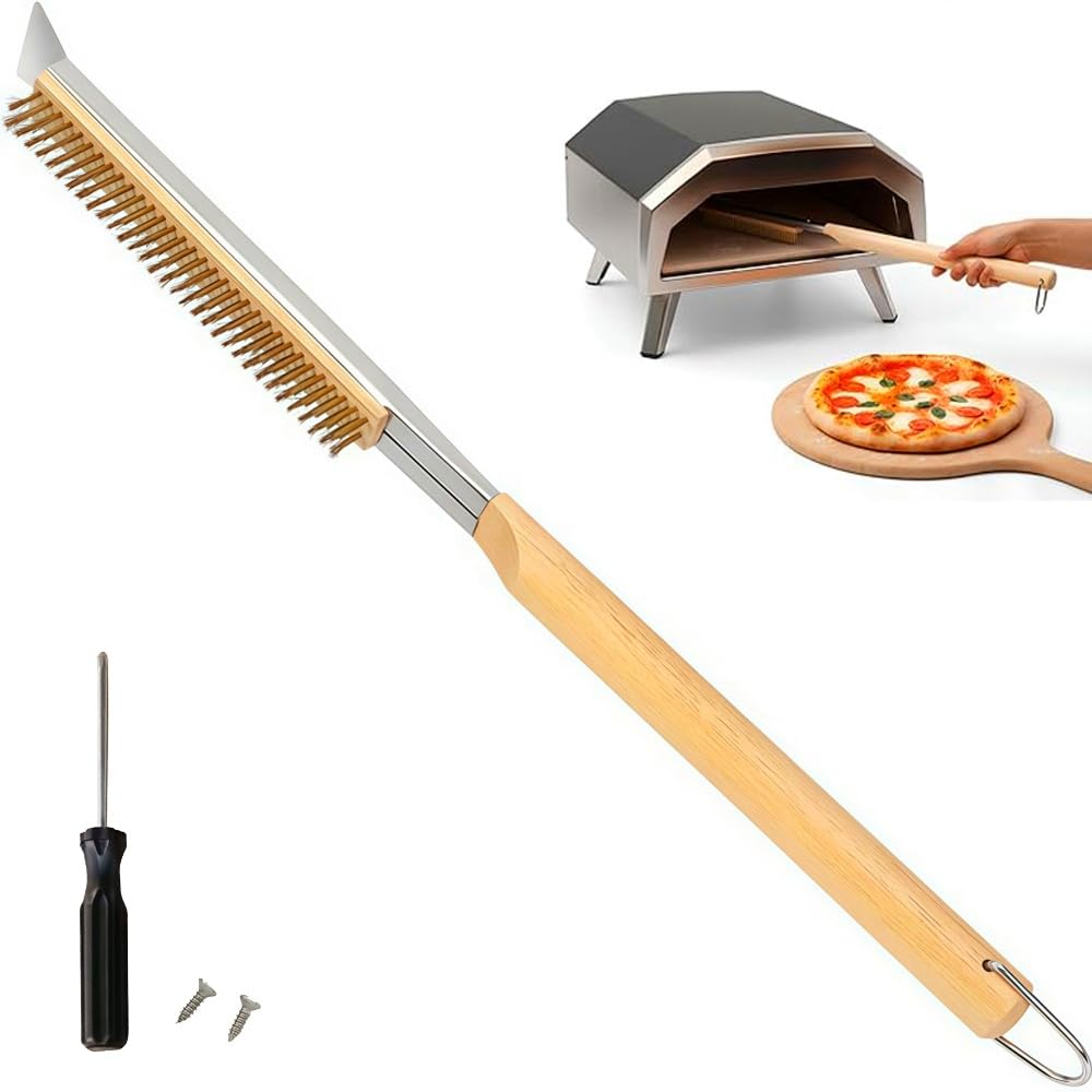 Professional Pizza Oven Brush with Steel Scraper and Brass Bristles Wooden Handle 56 cm