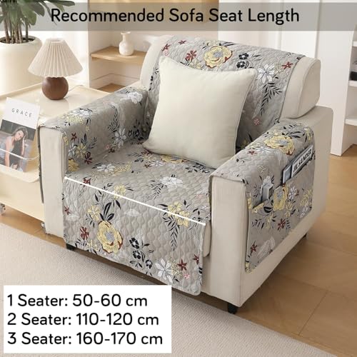 Image of HOKIPO 'VivaCasa Series' Polyester 1 Seater Quilted Sofa Cover with Pockets, Floral Ash Grey (NEW-IN-737-D3)