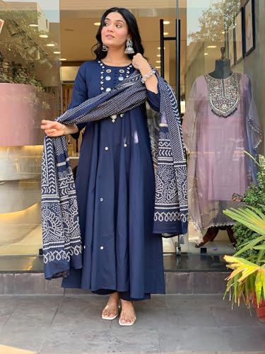 Image of ANNI Designer Kurta Set for Women Viscose Embroidered | A-Line Kurta Palazzo Dupatta Set for Woman | 3 /4 Sleeve Round Neck 3 Piece Ethnic Dress Stylish Coord Outfit Trendy Womens Clothing