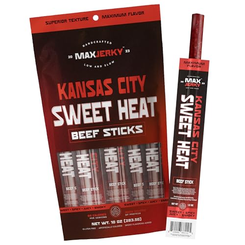 MaxJerky Kansas City Sweet Heat Beef Sticks- High Protein Snack Individually Wrapped Ready to Eat- 10 Oz (10 Spicy Meat Sticks)