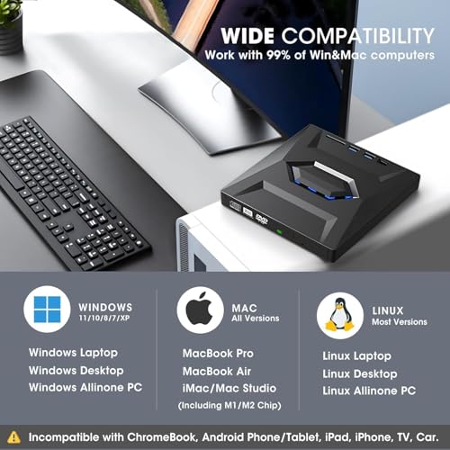 Image of BLACKBOOST USB 3.0 & Type C External CD DVD Writer RW Optical Drive CD /DVD ROM + /- RW Burner Drive with SD /TF Card Reader Ports, USB 3.0 to C Hub for Laptop, PC, MacBook, Desktop, Notebook, Black