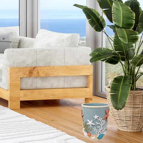 Image of Seaside Splendor Wastebasket - Starfish Seashells Resin Ocean Trash Bin | Premium 3D beach bathroom or guest bath small container, coastal decorative garbage can basket for bedroom, office vanity
