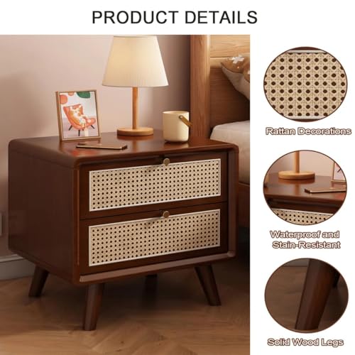 Image of MISAN Boston Solid Wood Bedside Table with Rattan Drawers Mid Century Night Stand for Living Room, Bedroom (Z-Walnut)
