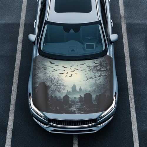 Image of Car Hood Cover Tombstone Print Car Hood Protector Waterproof Universal Automotive Exterior Accessories Halloween Decorations for Compact Vehicles Sedans Trucks SUVs Pickup (59x39 Inch)