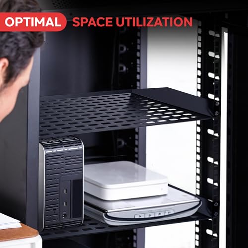 Image of Pyle 19-Inch 1U Server Rack Shelf - 10 pcs. Vented Metal Shelves for Optimal Airflow, Wall or Rack MountableSupports up to 110 lbs, 17 x 10' Shelf Tray for Cabinets, Computers & Network Equipment