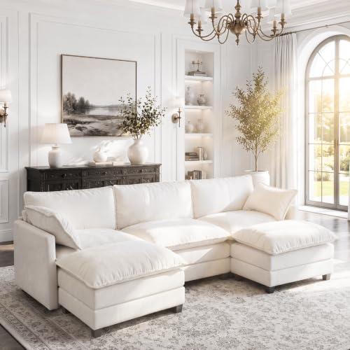 Image of 112 inch U-Shape Modular Sofa with 2 Ottomans, Deep Seat Cloud Convertible Sleeper, 2 Arm Pillows, Comfortable Upholstered Furniture for Living Room Apartment, Beige