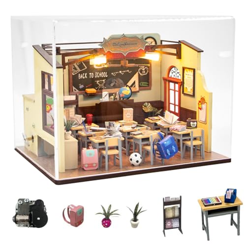 CHOOYIH DIY Miniature House Kit with Dust Cover and Music,Miniature Classroom Wooden Model Handmade Room Building Set,DIY Model Kits Christmas Birthday Gifts for Adult Friend Lover