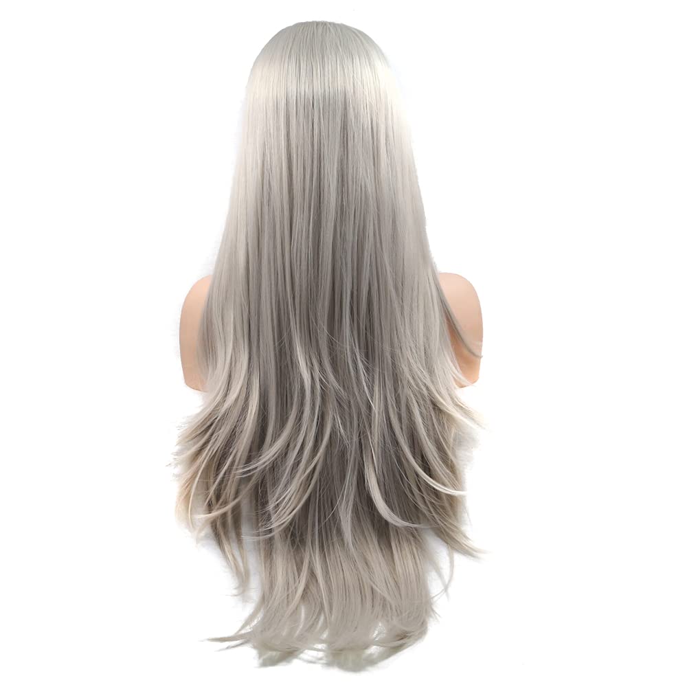 Grey Wig Light Silver Gray Platinum Blonde Lace Front Wig Natural Straight Soft Heat Resistant Fiber Hair Wigs For Women Daily Party Holiday