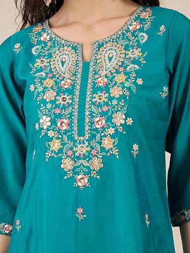 Image of VredeVogel Women's Beads Embroidered Silk Blend Kurta Pant Set with Organza Dupatta | Perfect for Festive & Casual Ethnic Kurta Set for Women