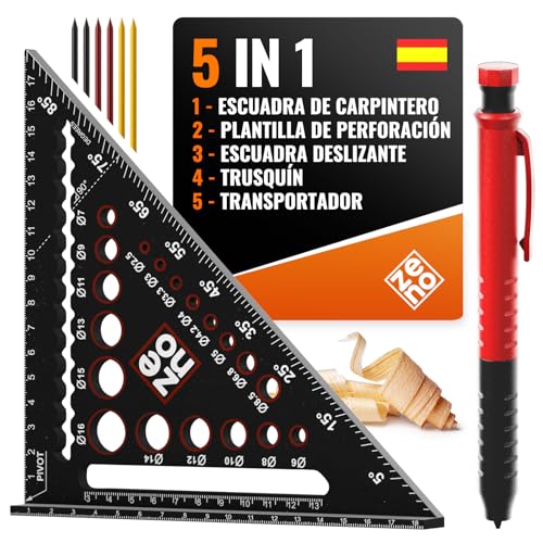 ZENO Escuadra Carpintero 180 mm - Escuadras Metalicas Carpintero Todo en Uno: Transportador de Ángulos, Regla, Gramil, Plantilla de Perforación - Lápiz de Obra
