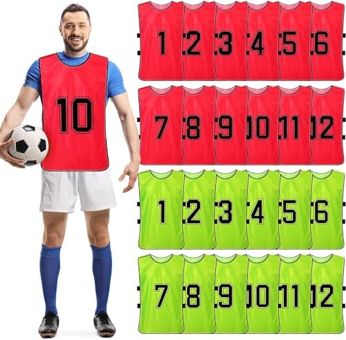 24 coletes de treino Scrimmage para futebol, basquetebol, babetes de futebol, pinnies reversíveis numerados da equipa de futebol, verde, vermelho, adulto, Verde, vermelho.