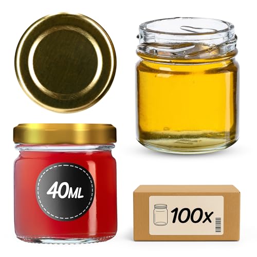 KADAX Lot de 100 mini bocaux en verre ronds avec couvercle à visser - 40 ml - Pour dégustation, confiture, miel - Avec couvercle doré