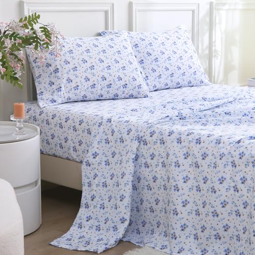 Image of MUXHOMO King Size 4 Piece Sheet Set, Soft & Breathable Sheet for Bedroom with Deep Pocket Up To 16 inch, Wrinkle-Free & Cooling Bed Sheets with Flat Sheet, Fitted Sheet & Pillowcases - Shattered Bluebells