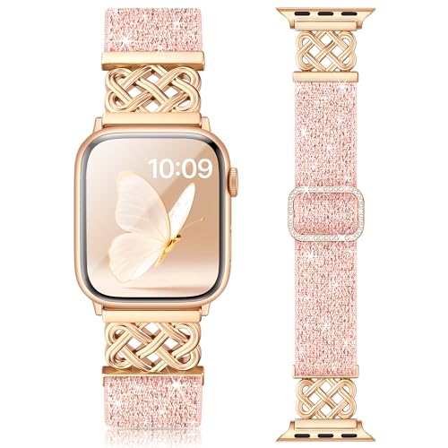 wipalor Celtic Knot Sparkly Stretchy Nylon Bling Band Fit iWatch Watch Bands for Women (42mm Series 11/10) 41mm 40mm 38mm, Elastic Cute Glitter iWatch iPhone Watch Series 11 10 9 8 7 6 5 4 3 SE-Pink