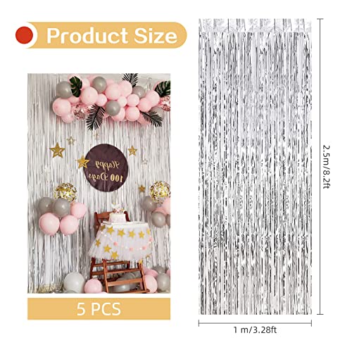 Image of 5 Pack Silver Fringe Backdrop 3.2ft x 8.2ft Silver Foil Fringe Curtains Party Tinsel Curtain Backdrop Streamers for Birthday Party Decoration Wedding Christmas Decoration (Silver)